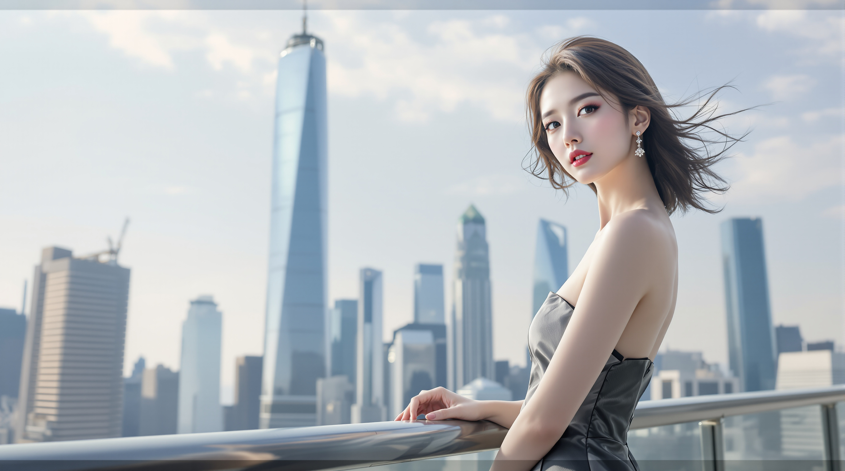 도시 스카이라인을 배경으로 드레스를 입고 포즈를 취하는 키 큰 한국 여성