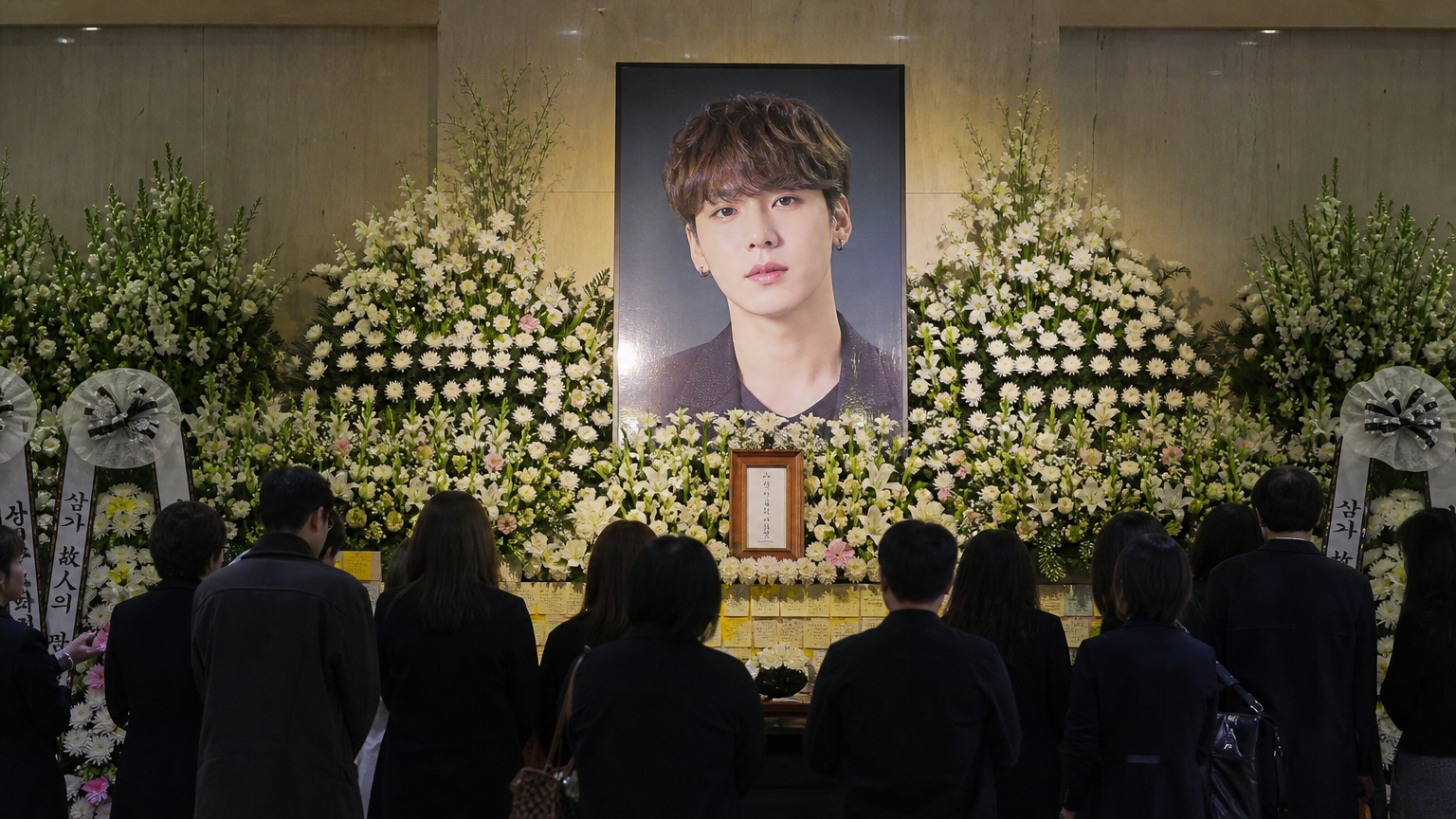 김수희의 장례식장에서 사람들이 조문하는 모습