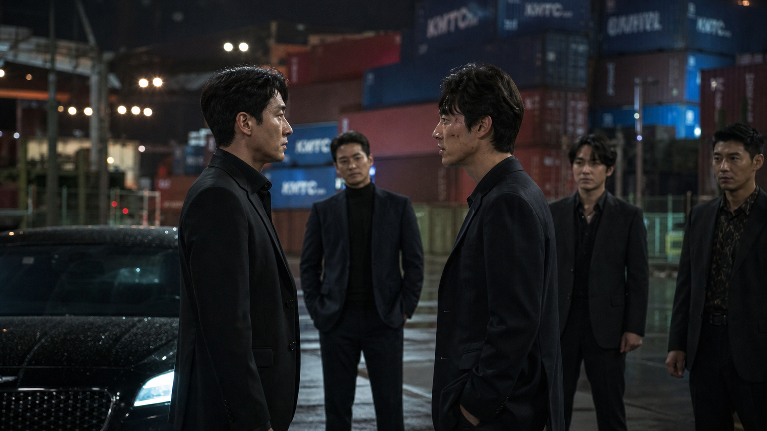 밤 도시 환경 속 컨테이너 앞에서 긴박하게 대치하는 한국 남성들