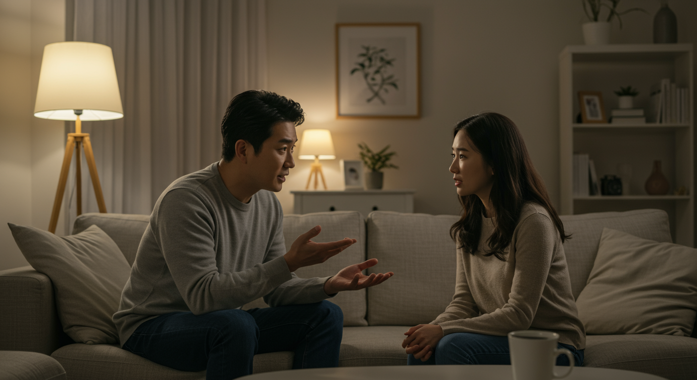 거실에서 건강 문제에 대해 대화하는 한국인 커플의 모습