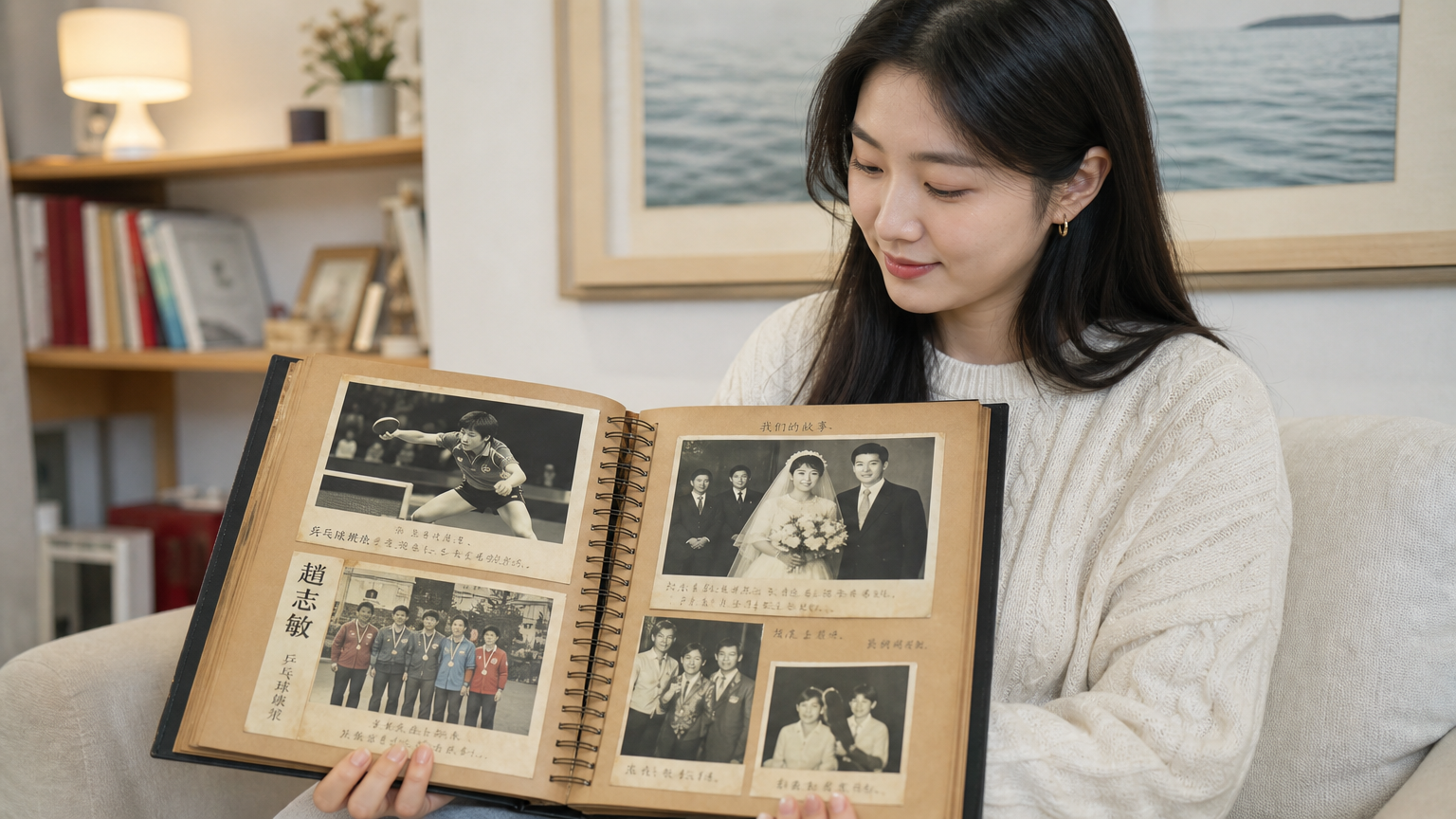 현대 한국 여성이 자오즈민의 탁구 업적과 결혼 사진이 담긴 앨범을 보고 있는 장면