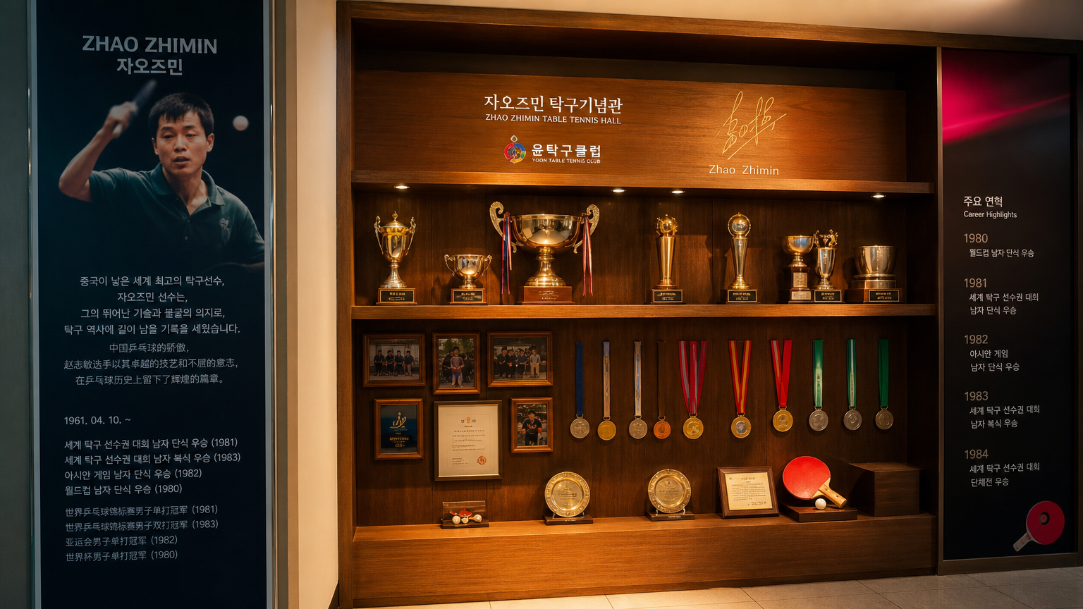 뛰어난 탁구 선수인 자오즈민의 유산을 보여주는 트로피와 메달이 전시된 한국 스포츠 홀