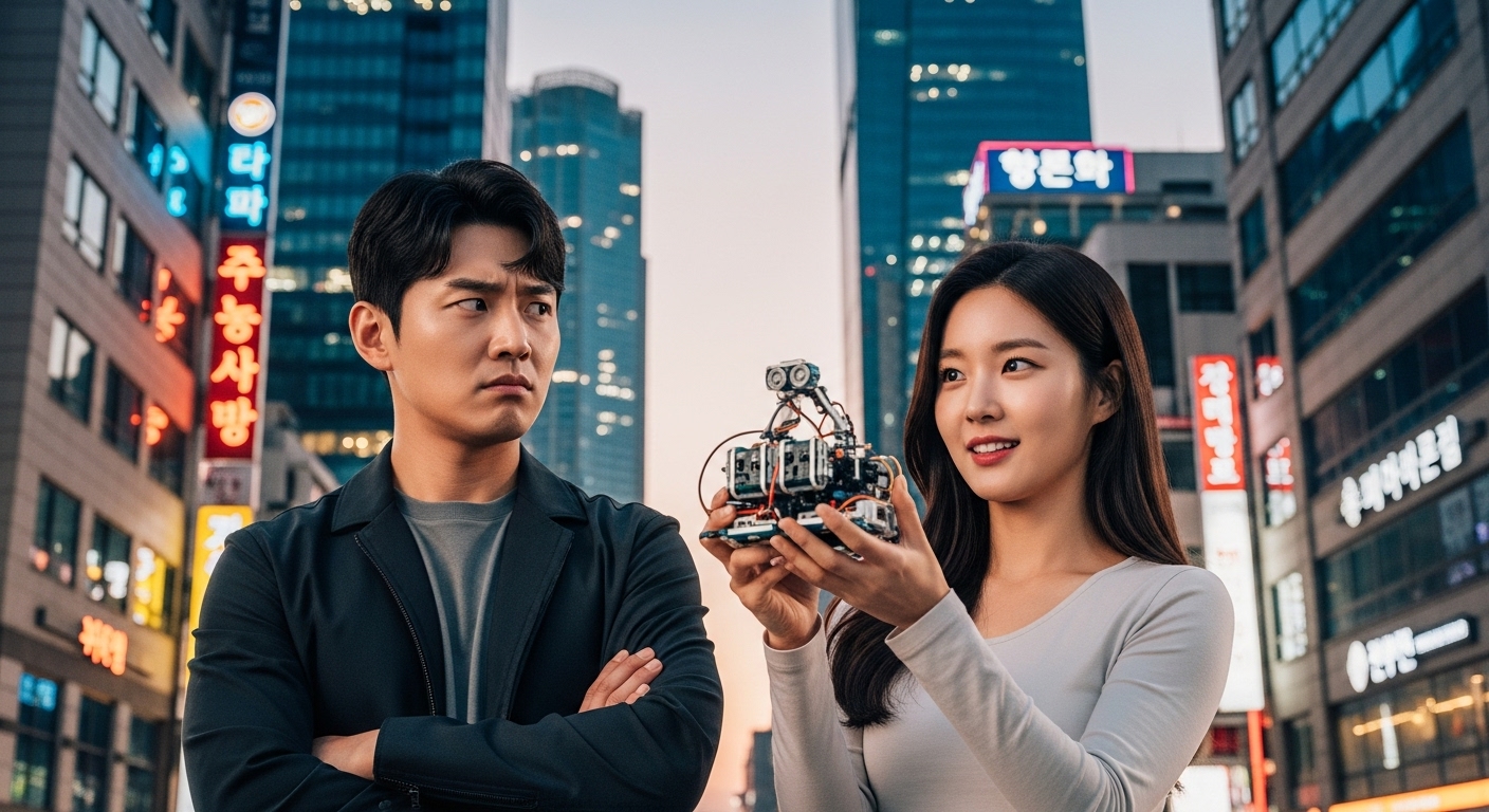 도시 배경 속에서 한쪽은 비판하고 다른 쪽은 새로운 시도를 하는 두 현대인의 모습