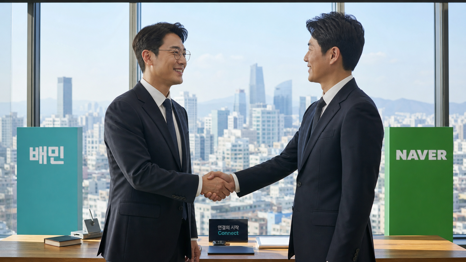 현대적인 사무실에서 협업을 상징하는 두 비즈니스 전문가의 악수 장면