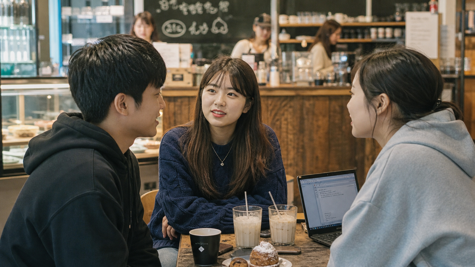 서울의 현대적인 카페에서 아르바이트 경험을 이야기하는 학생들
