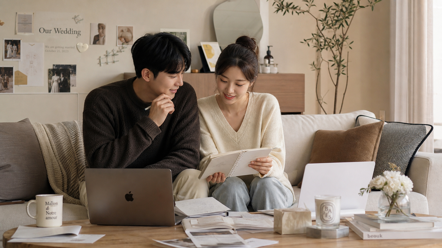 젊은 커플이 소파에 앉아 노트북과 노트로 결혼 준비를 논의하는 모습