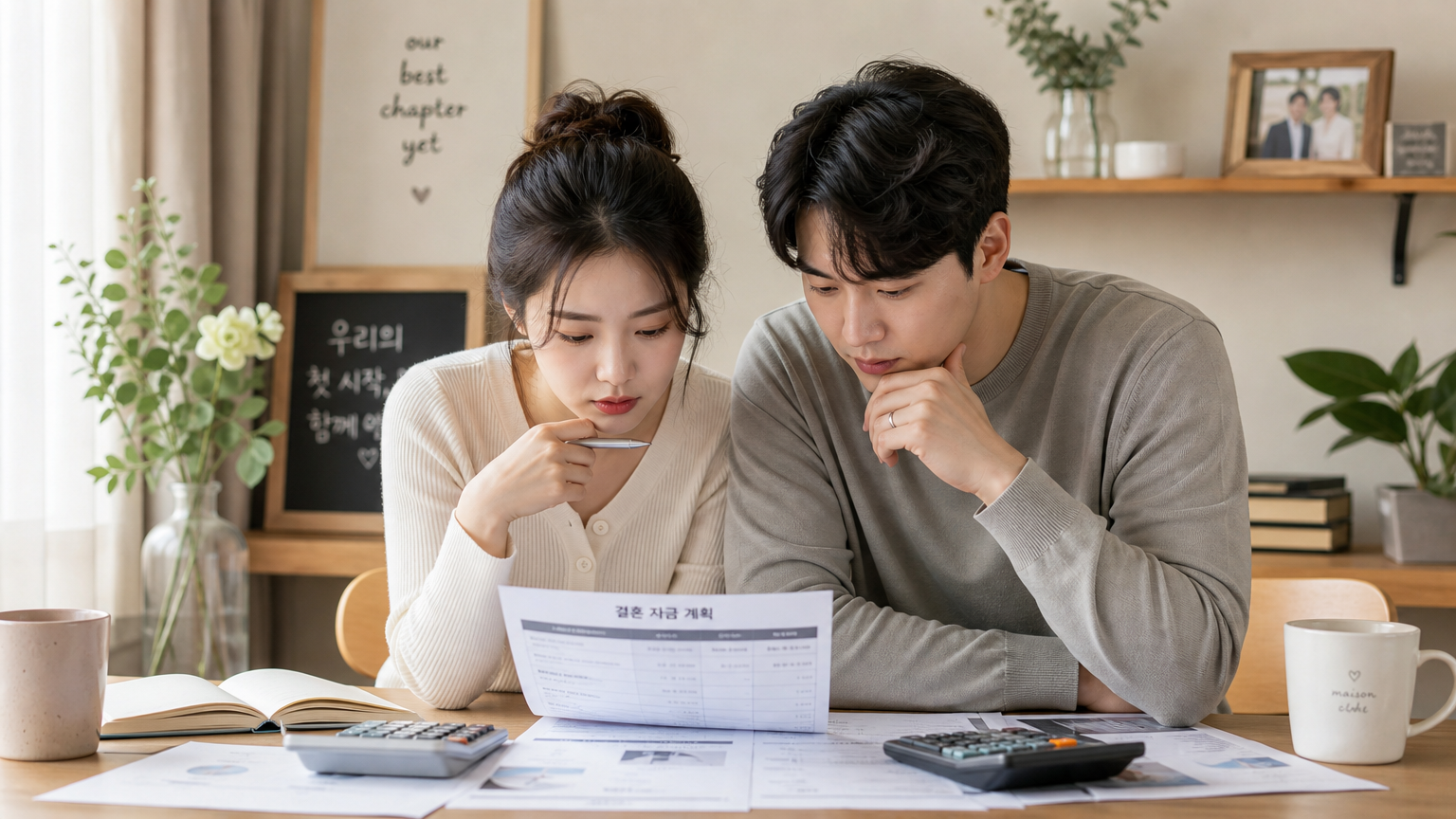 재정 문서를 검토하며 집중하는 한국 신혼부부의 모습
