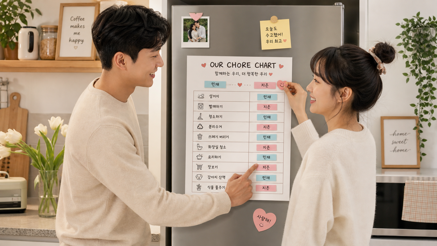 주방에서 가사 분담표를 사용하여 집안일을 나누는 부부