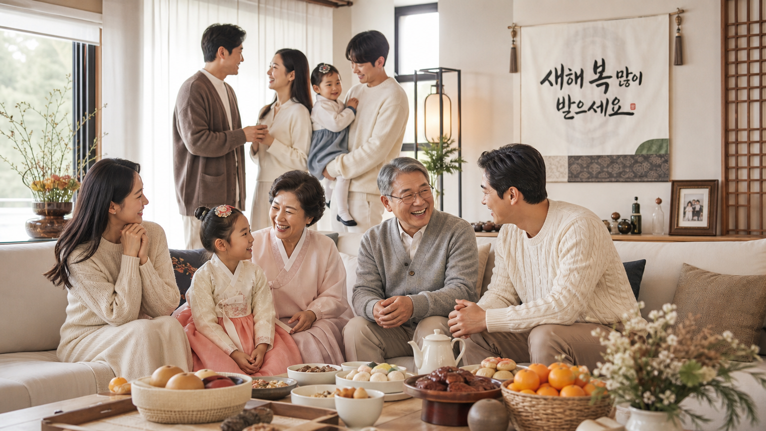 거실에서 명절 동안 화목하게 모인 가족들의 모습