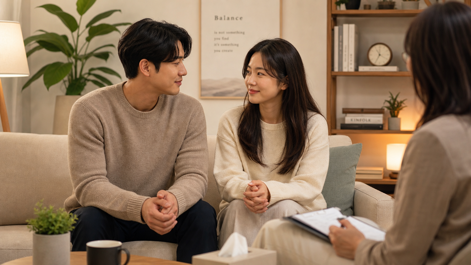 상담실에서 서로 지지적으로 바라보며 앉아있는 부부