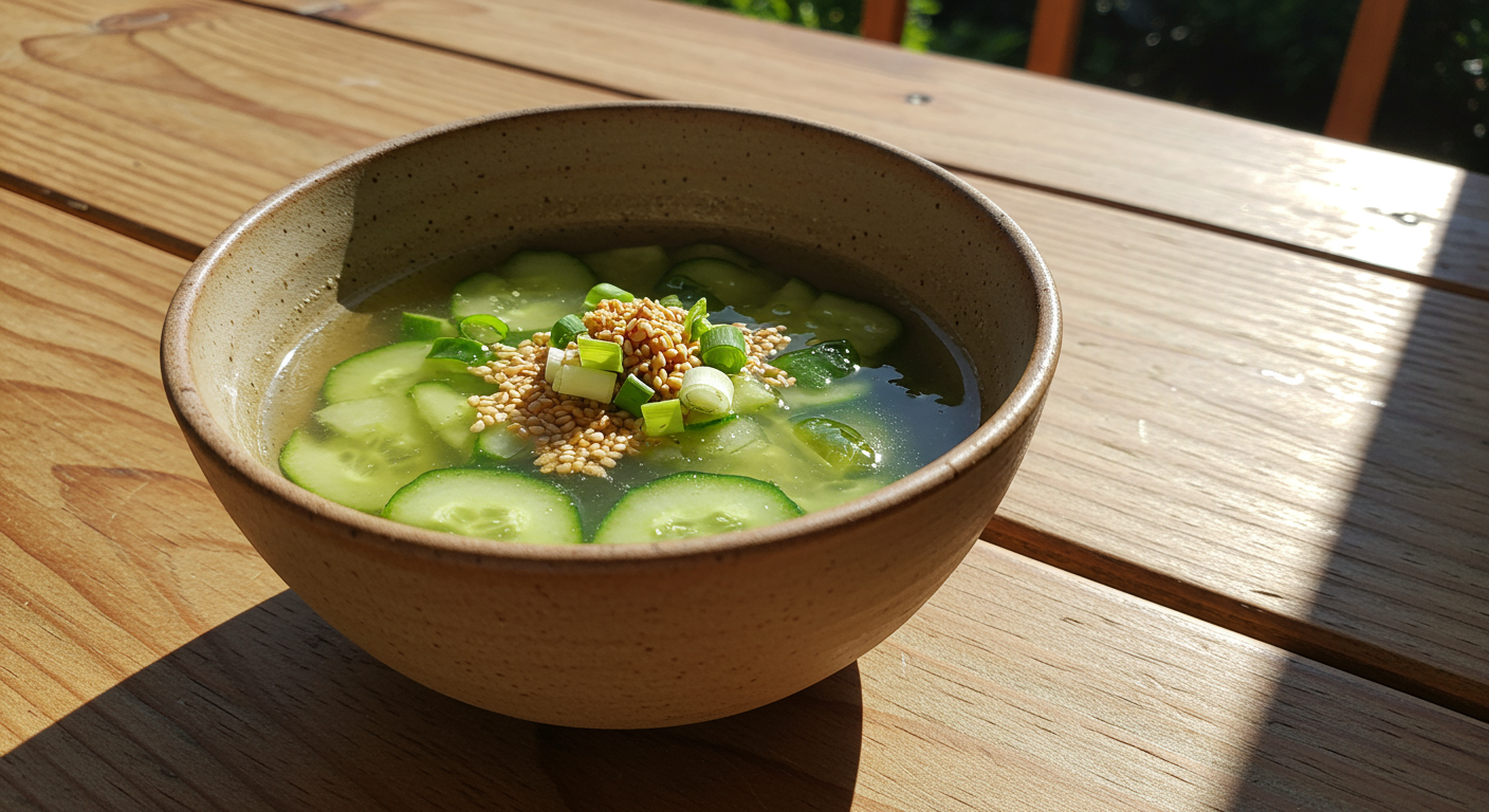 나무 테이블 위에 놓인 전통 한국식 그릇의 시원한 오이냉국