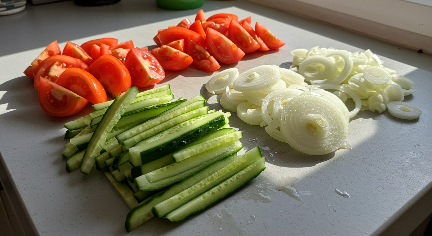 주방 조리대 위에 가지런히 놓인 신선한 오이, 토마토 및 양파