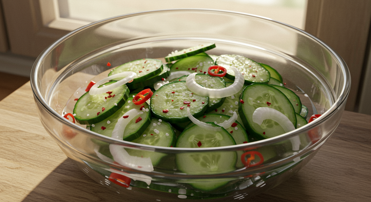 부엌 창문을 통해 들어오는 빛 아래 소금물에 담긴 오이 슬라이스와 홍고추 및 양파
