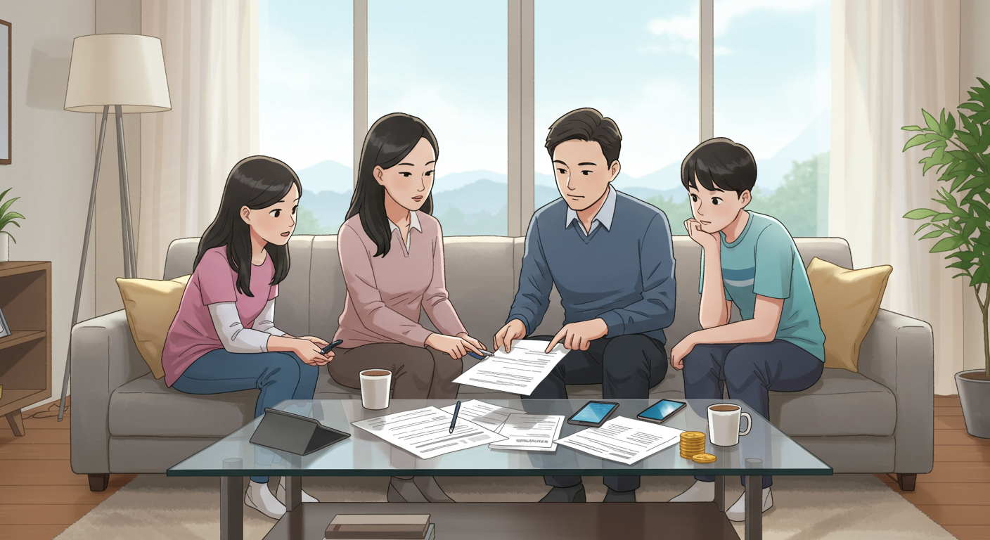 현대적인 거실에서 서류와 디지털 기기를 보며 재정 계획을 논의하는 가족