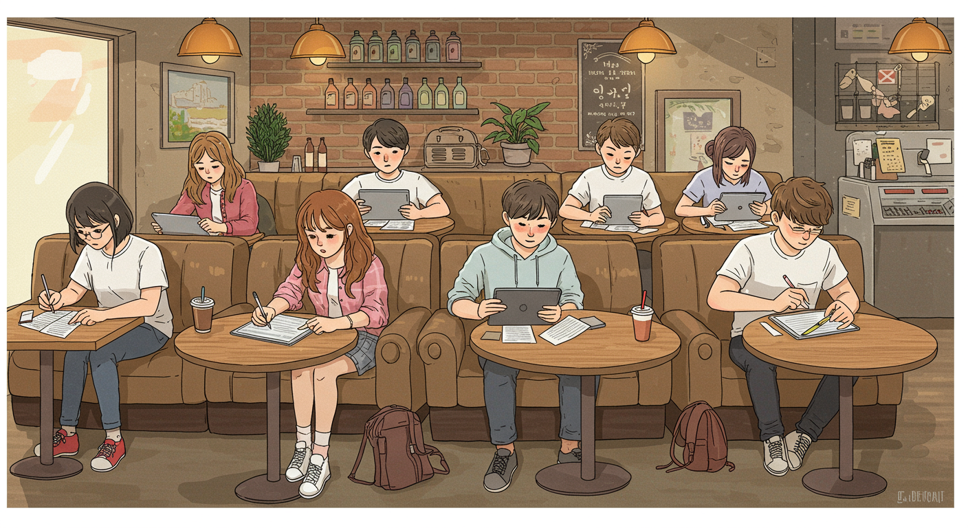 아늑한 카페에서 태블릿과 스마트폰으로 양식을 작성하는 다양한 젊은 사람들