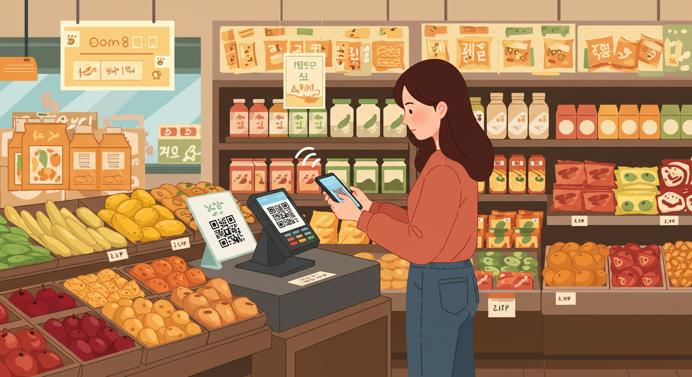 스마트폰으로 QR 코드를 스캔하는 여성과 배경에 다양한 상품들이 있는 로컬 매장 카운터