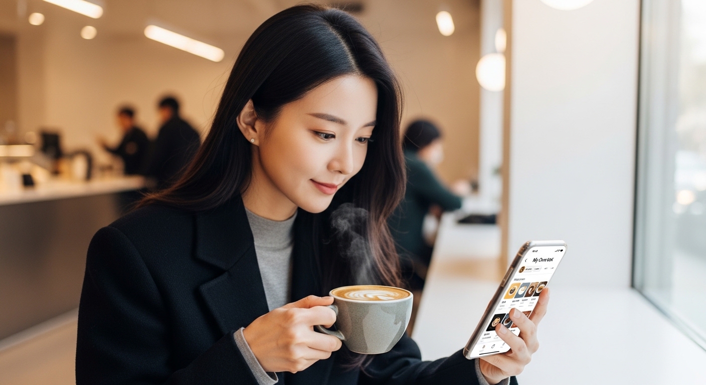카페에서 스마트폰으로 '나만의 콕' 옵션을 보는 여성의 모습