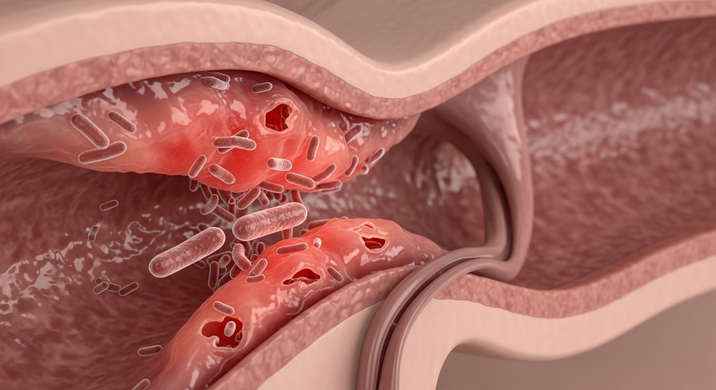 인체 귀의 해부학적 그림으로 염증 및 세균 번식 상태를 보여주는 이미지