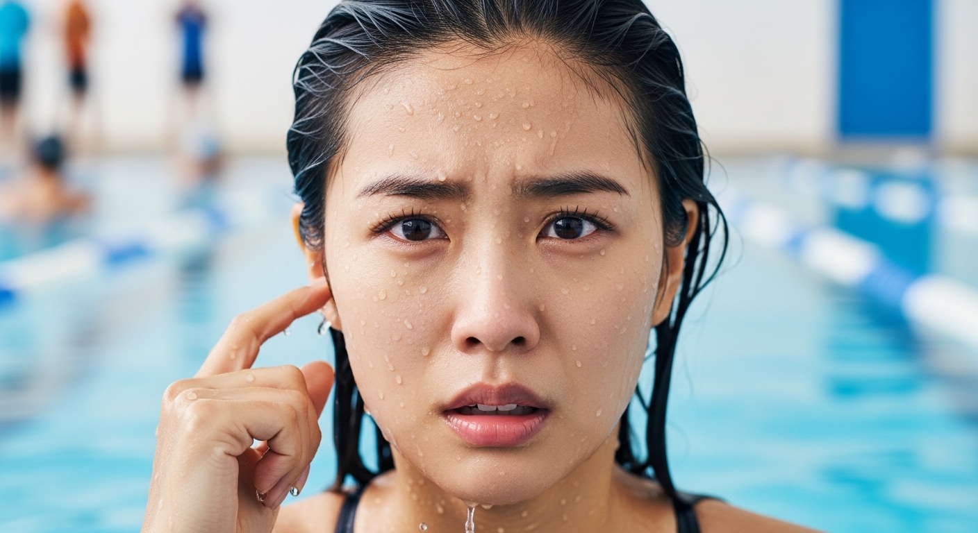 수영 후 귀를 만지며 걱정스러운 표정을 짓는 여성의 클로즈업