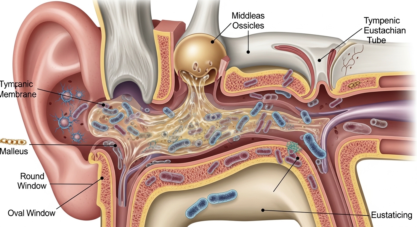 귀 내부 습기와 세균 번식을 상세히 나타낸 과학적 다이어그램