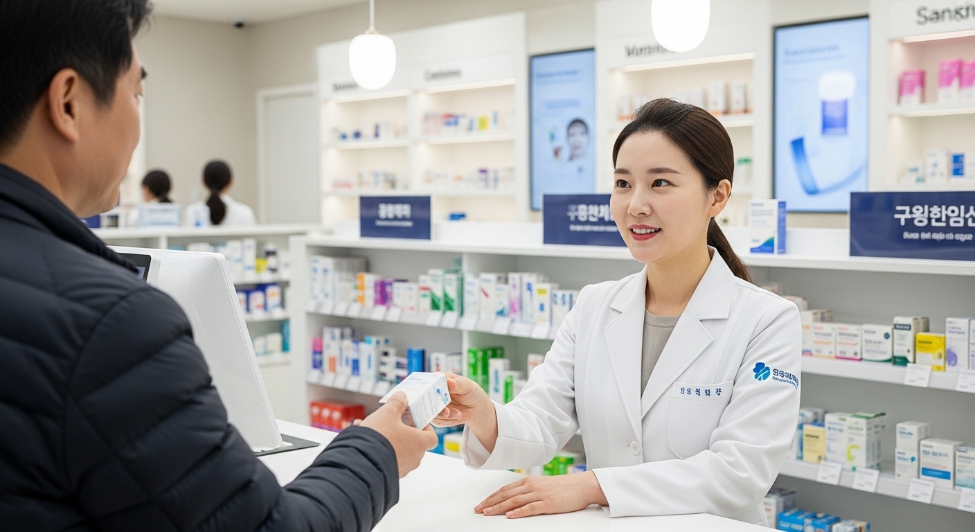 현대식 약국에서 고객에게 이어 드롭스를 건네는 약사의 모습