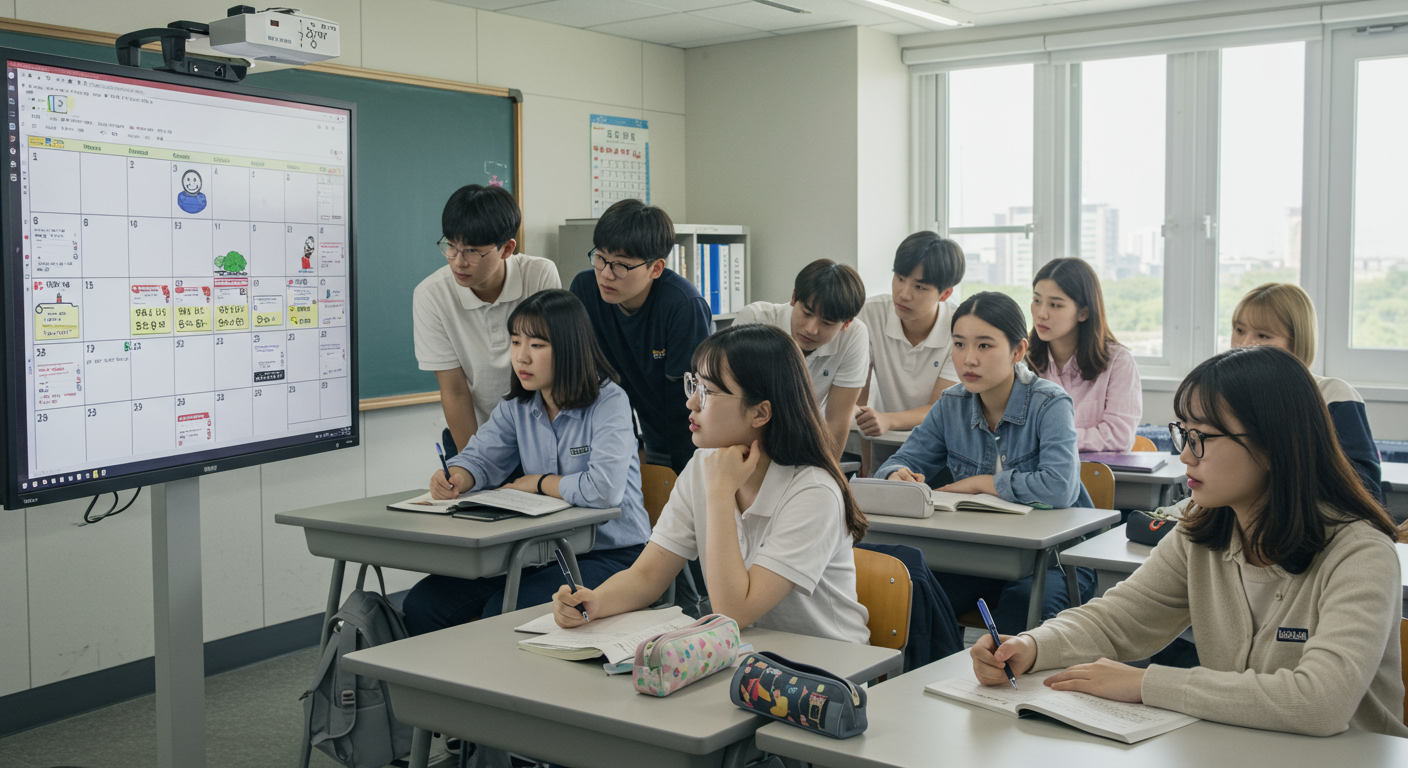 현대적인 교실에서 디지털 캘린더를 보고 있는 학생들의 모습