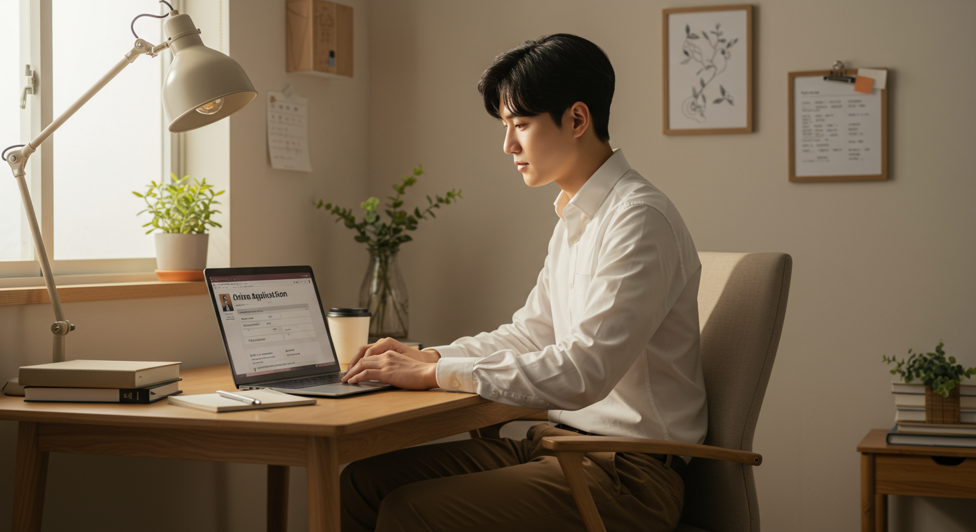 아늑한 홈오피스에서 노트북으로 온라인 신청서를 작성하는 모습