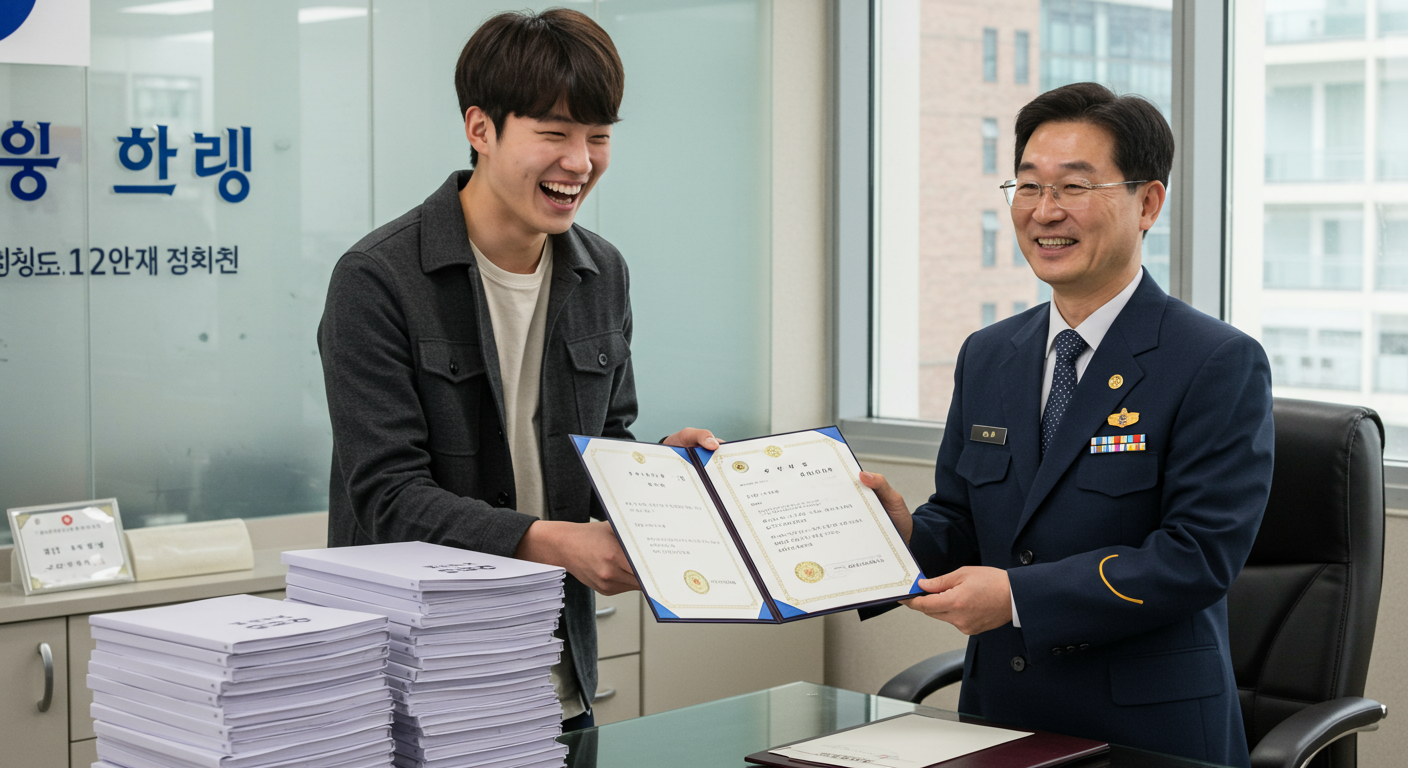 지역 관공서에서 자격증을 받으며 기뻐하는 사람의 모습