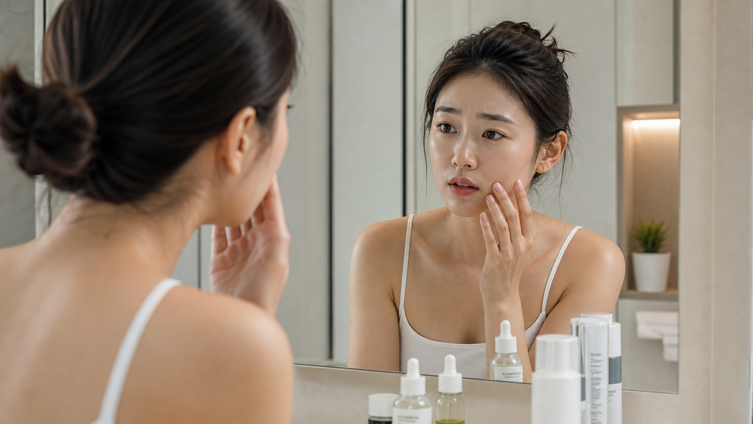 한 여성이 거울 앞에서 자신의 피부를 점검하며 여러 스킨케어 제품이 놓인 현대식 욕실