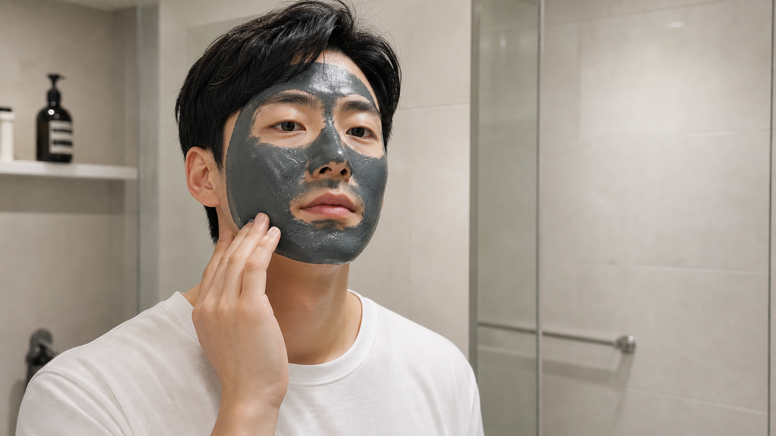 미니멀리스트 욕실에서 클레이 마스크로 지성 피부를 관리 중인 남성의 모습