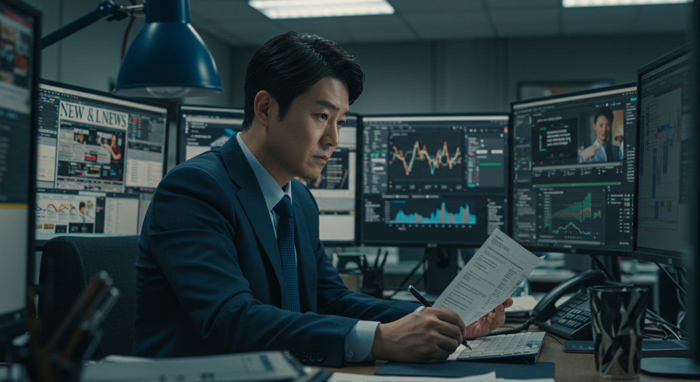 진지한 표정으로 여러 모니터에서 뉴스와 데이터를 확인하며 팩트체크를 하는 기자의 모습