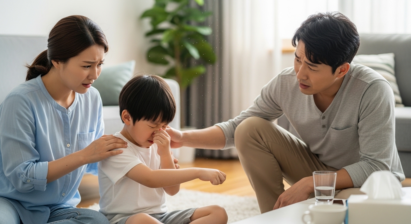 알레르기로 고생하는 아이를 위로하는 부모의 모습