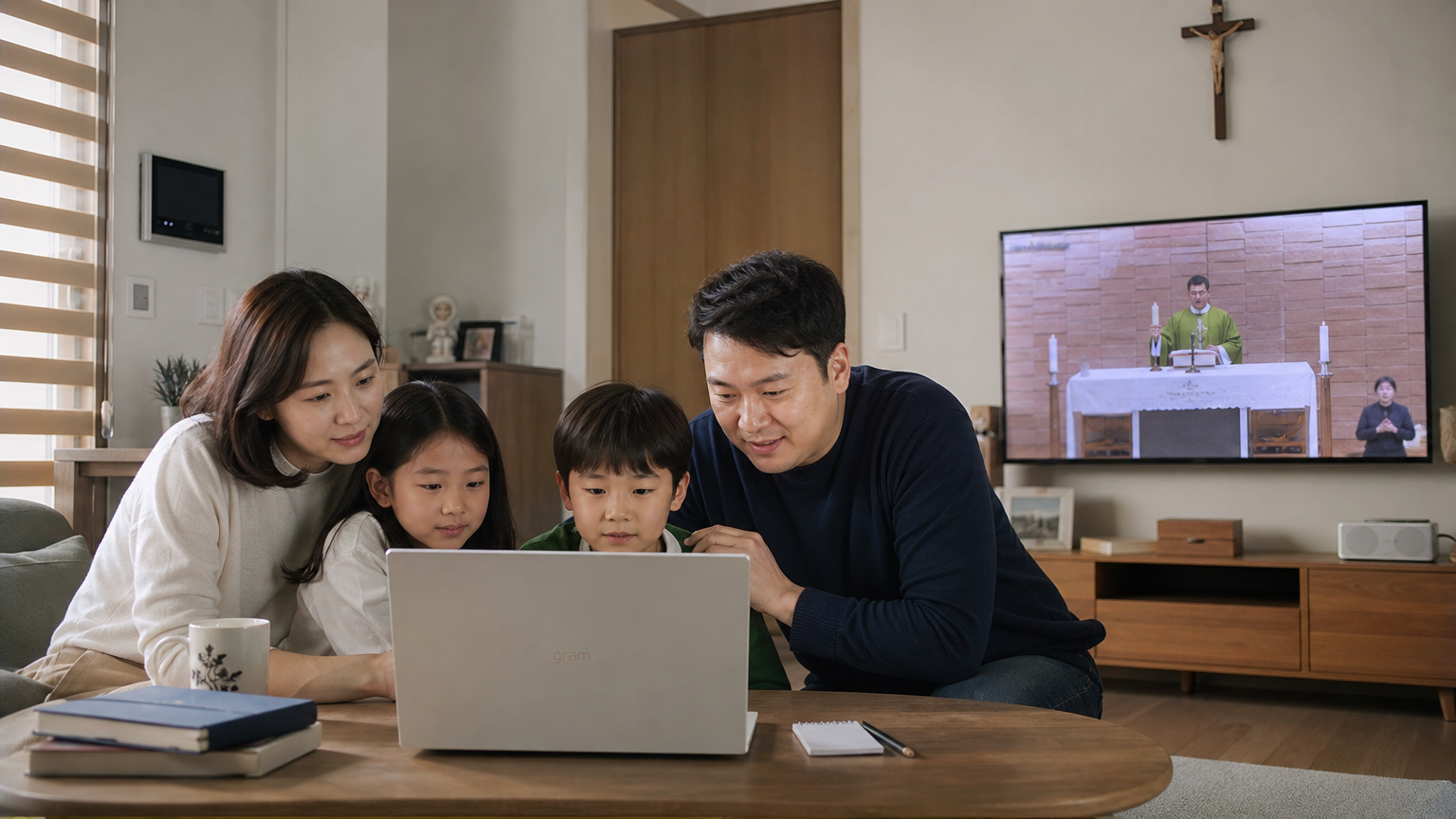 가족이 집에서 노트북으로 지역 미사 시간을 검색하면서 TV로 온라인 미사를 시청하는 모습