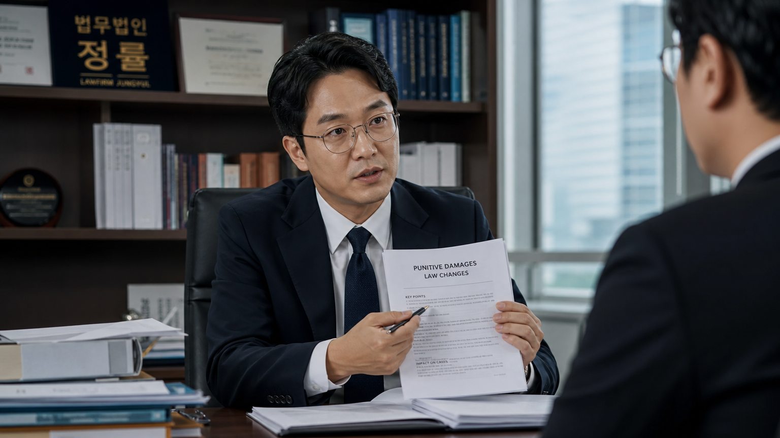 한국 변호사가 법률 문서를 검토하는 모습