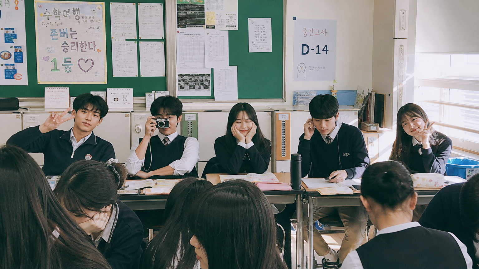 한국 고등학교 교실의 마지막 줄에 앉아 있는 학생들