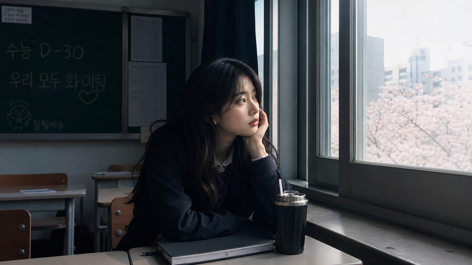 창밖을 바라보며 생각에 잠긴 학생