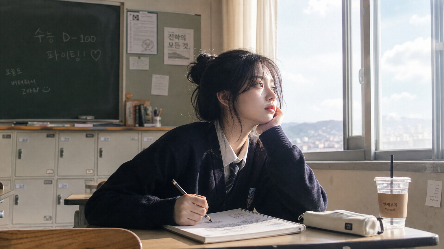 노트에 스케치하며 상상의 세계에 빠진 학생