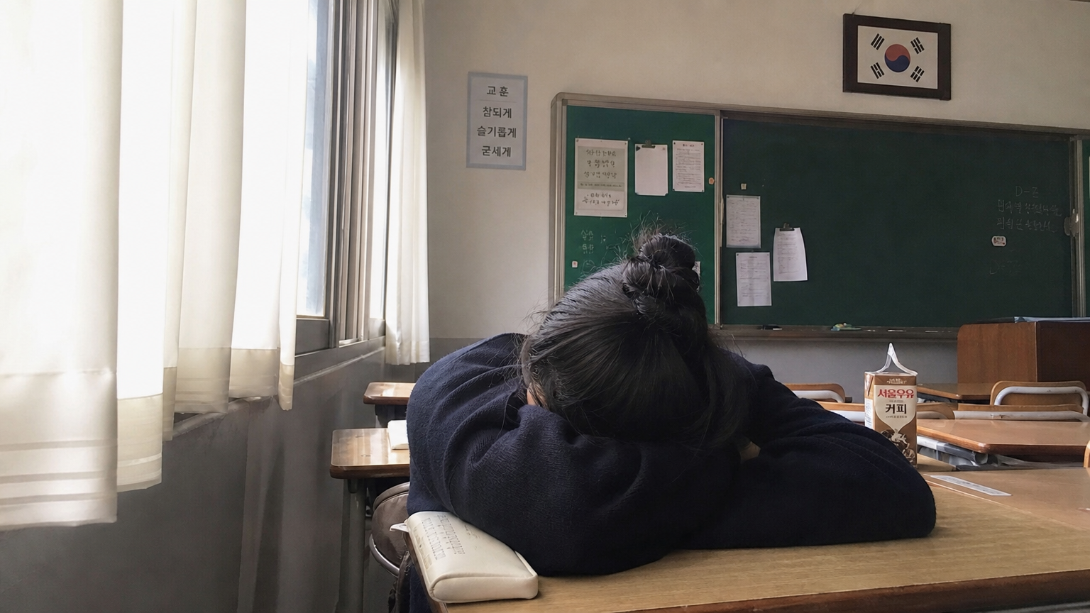 책상 위에 머리를 대고 쉬고 있는 졸린 학생