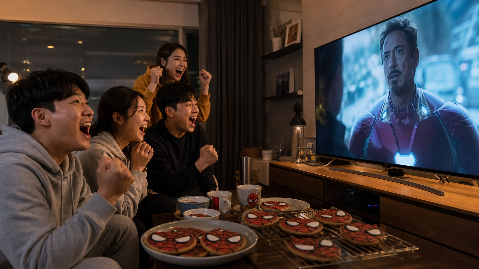 친구들이 거실에서 홈메이드 스파이더맨 쿠키를 먹으며 어벤져스 예고편을 보는 장면