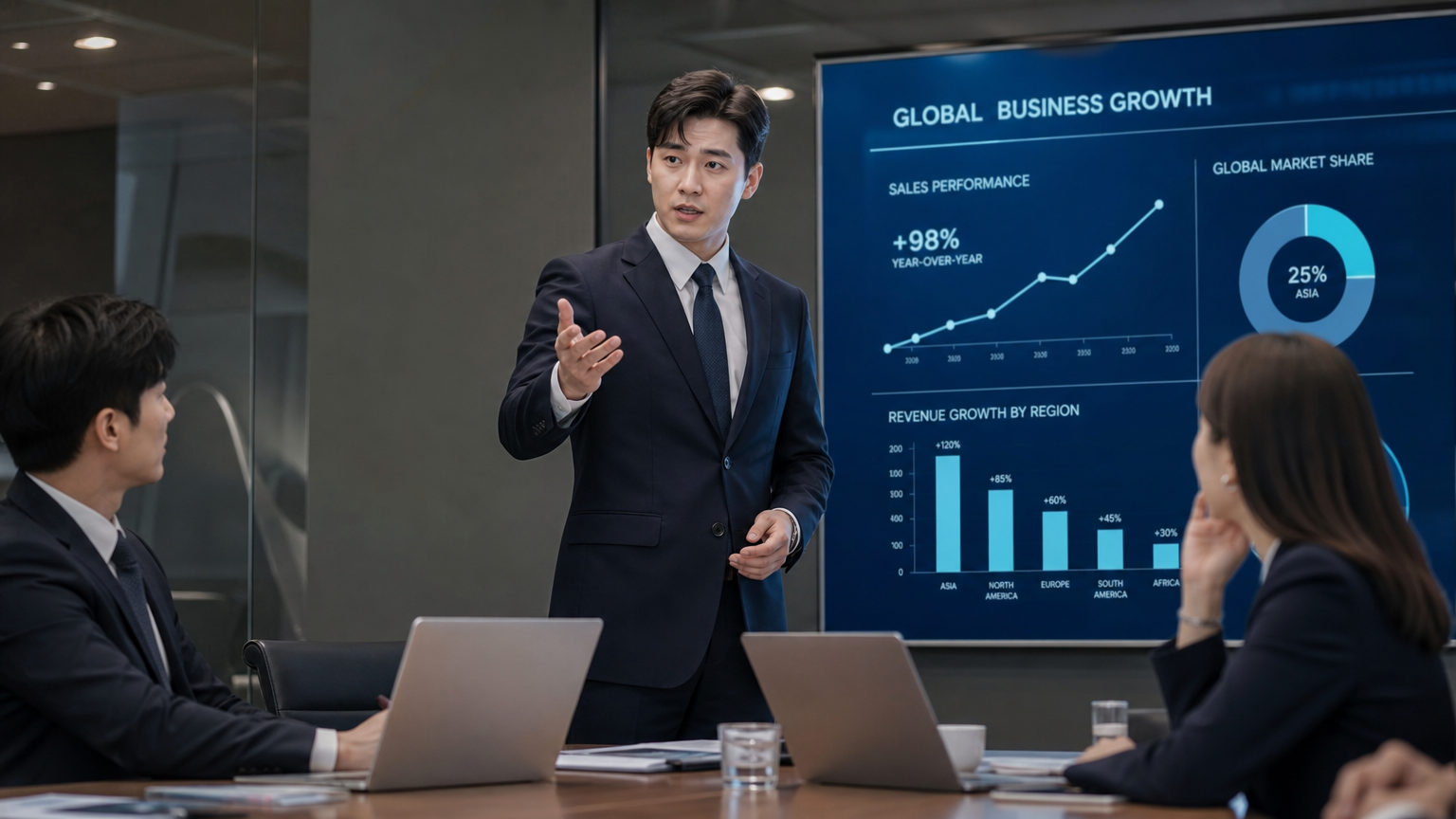 세련된 회의실에서 회사 전략을 논의하는 현대적인 한국 비즈니스맨과 동료들