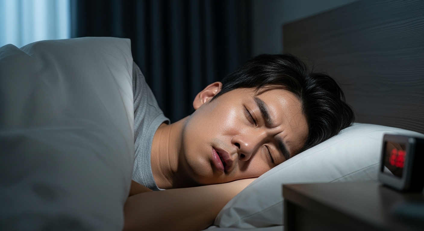 침대에서 조용히 자는 남성이 걱정스러운 표정을 짓고 있는 모습