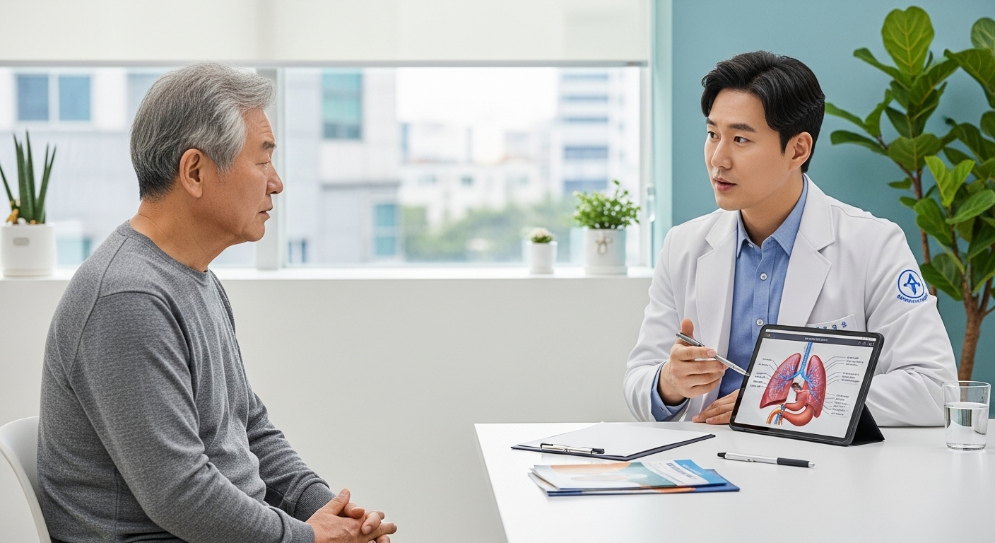 현대적인 병원에서 의사가 노인 환자에게 무호흡 합병증 위험성을 설명하는 장면