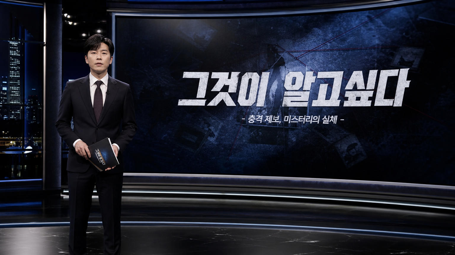 현대적인 한국 TV 스튜디오에서 진행자가 심각한 뉴스 프로그램을 준비하는 모습