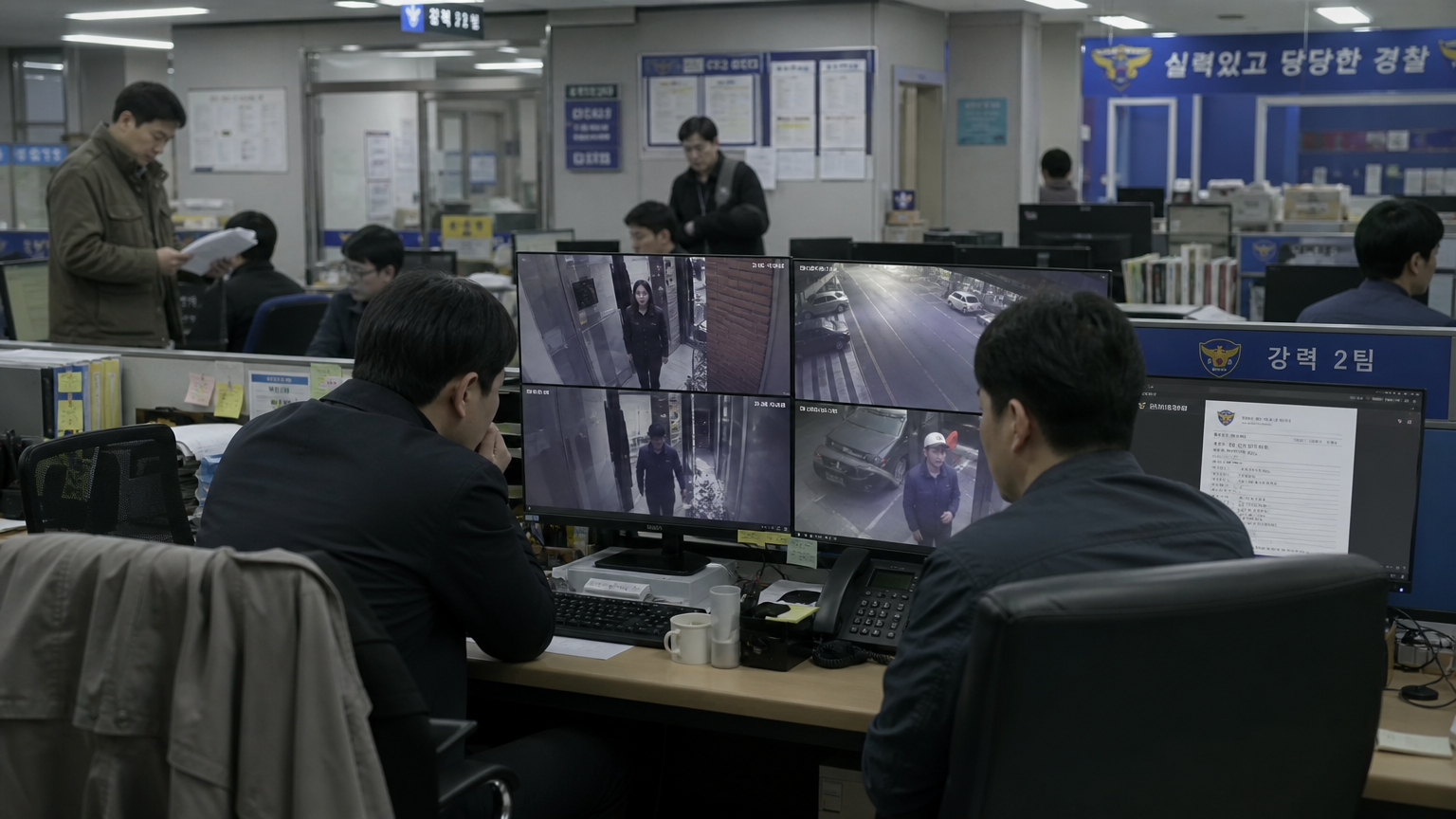 경찰서에서 탐정들이 모니터로 수상한 인물들을 분석하는 모습