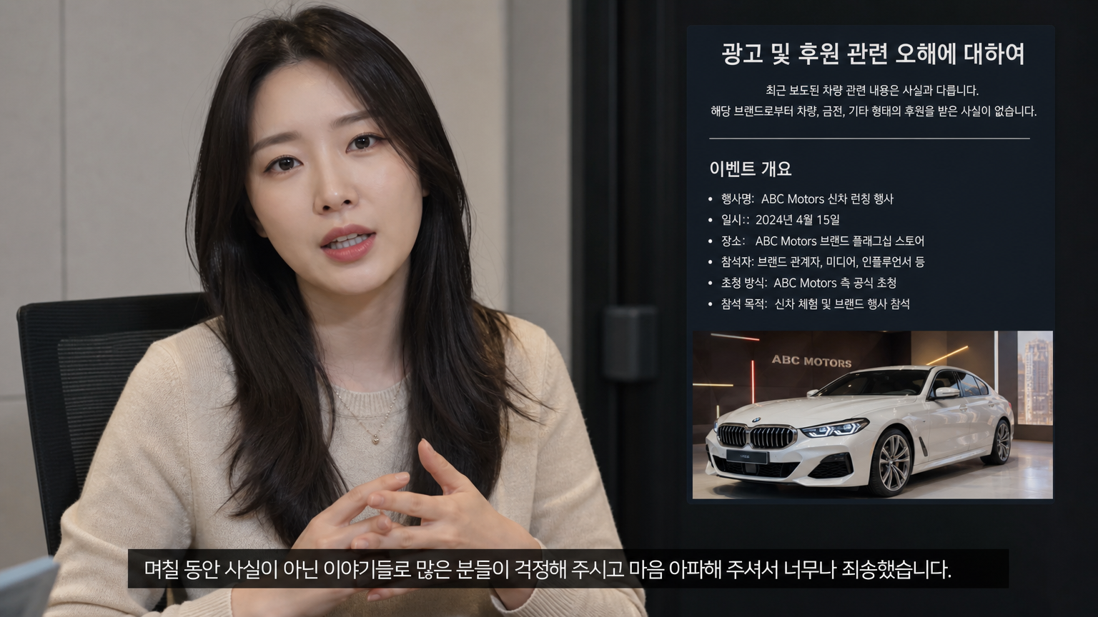 한국 여배우가 스폰서십 오해를 해명하며 화면에 럭셔리 차량 마케팅 행사 세부사항 설명