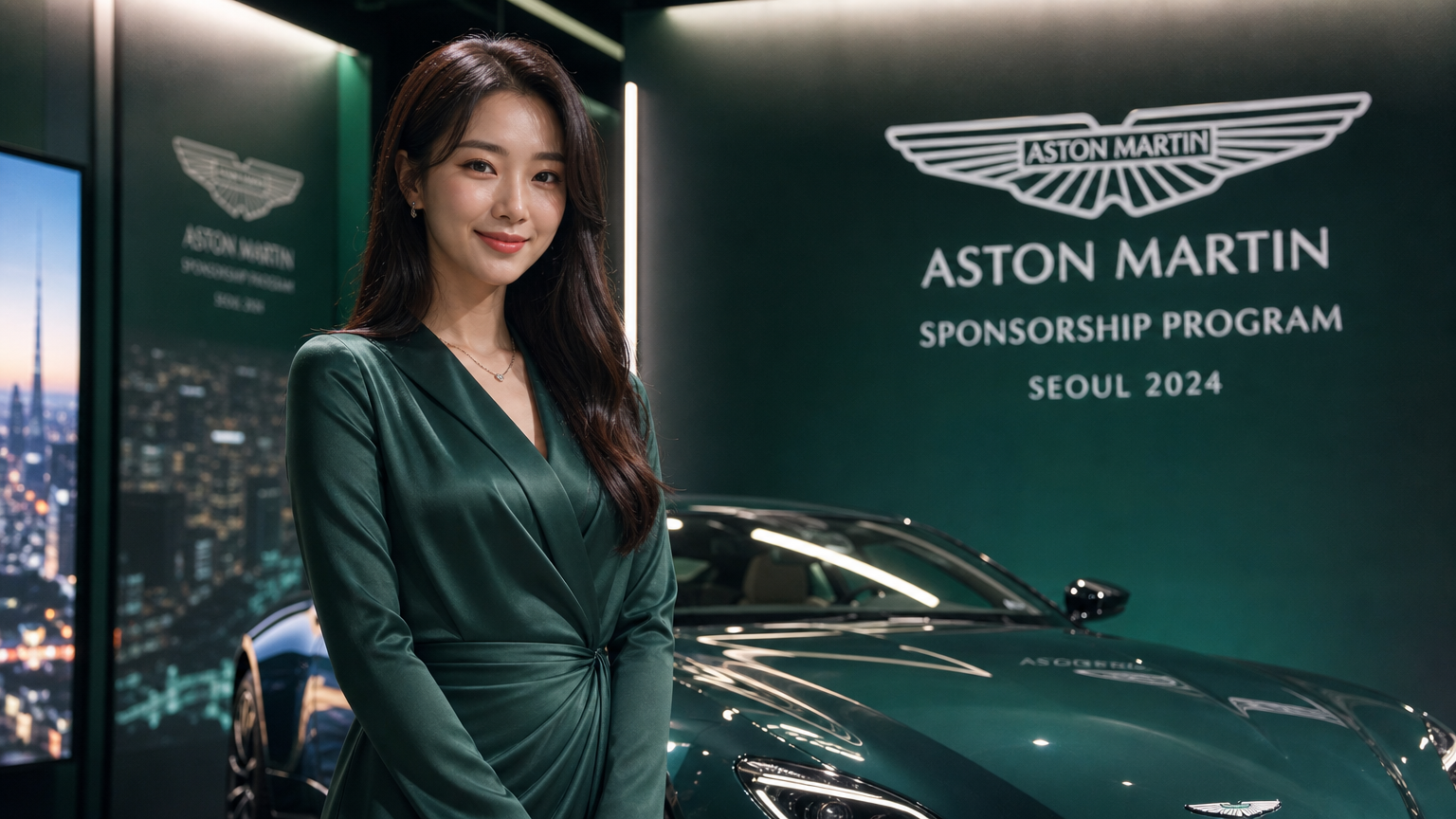 품격 있는 프로모션 행사에서 한국 여배우가 참석한 가운데 진행되는 애스턴마틴 후원 프로그램 발표