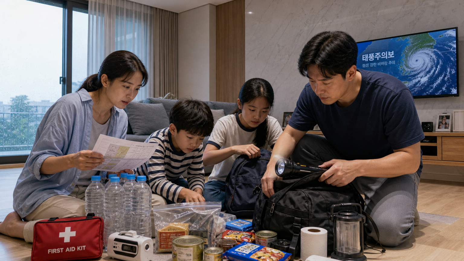 태풍을 대비하여 가족들이 거실에서 비상 물품을 준비하는 모습