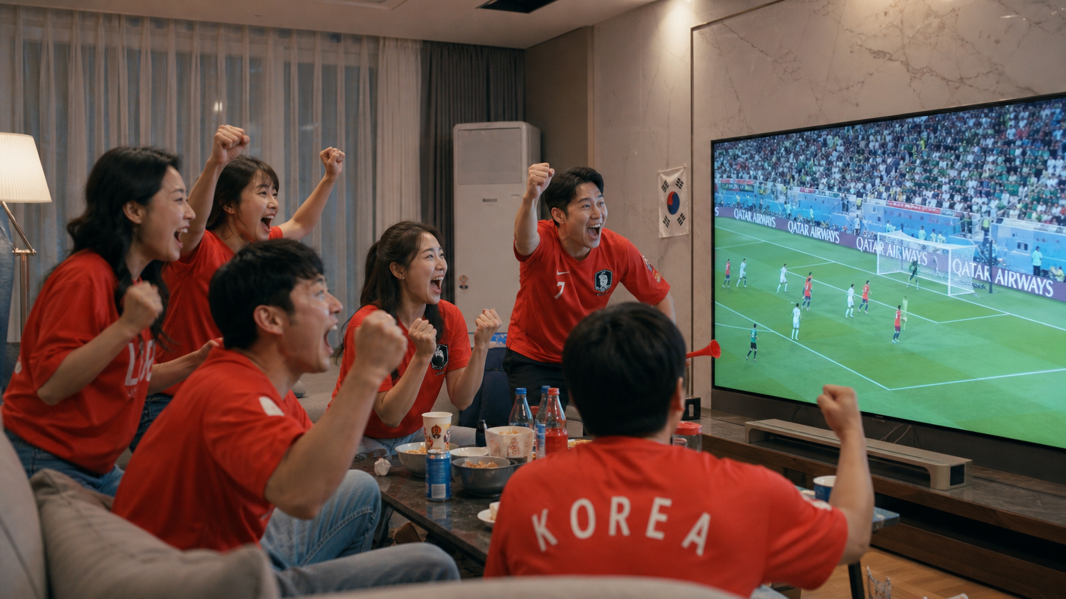 현대적인 거실에서 월드컵 경기를 시청하며 열광하는 축구 팬들