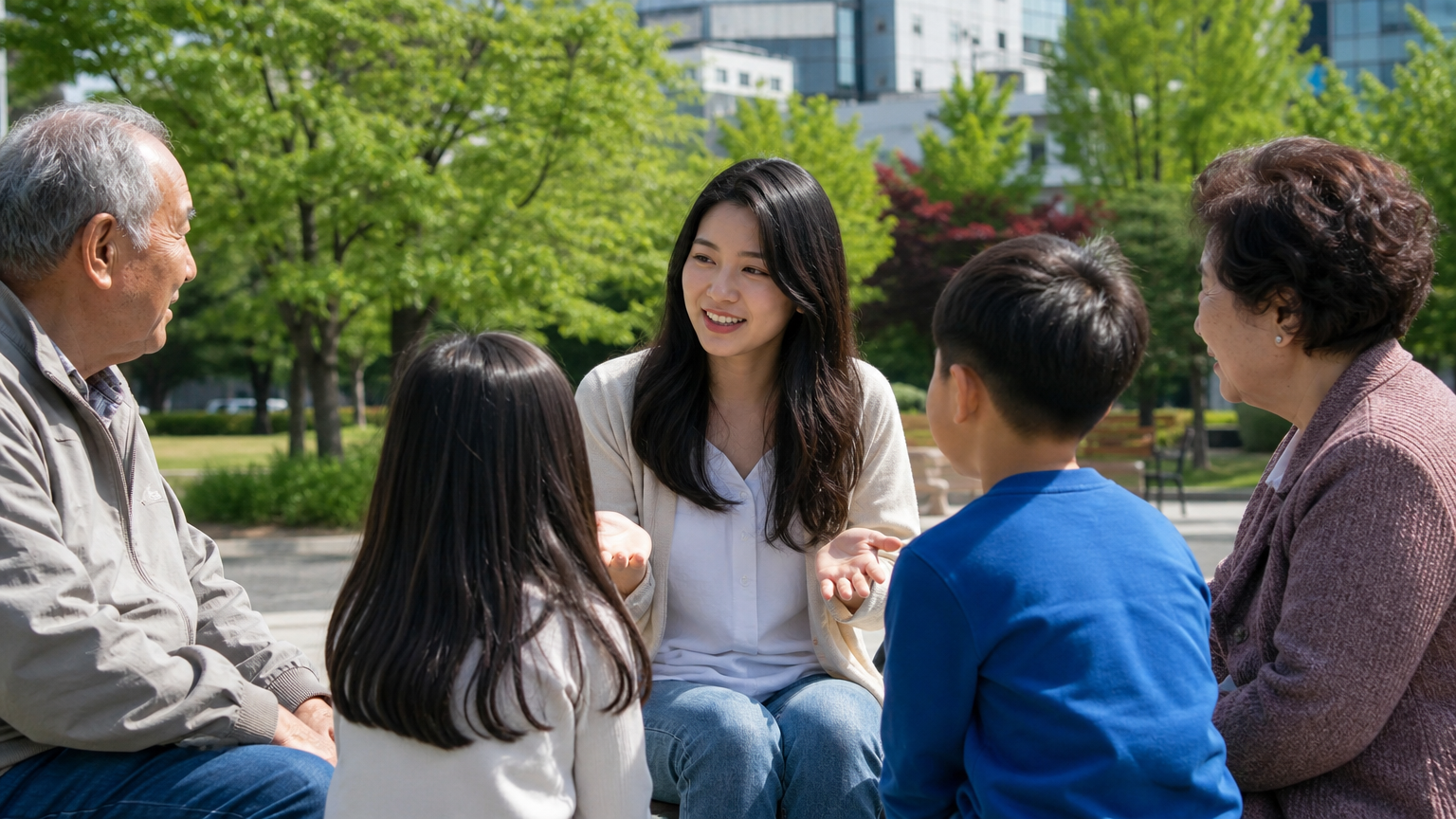 다양한 연령층과 소통하며 이야기 나누는 진솔한 여성의 모습