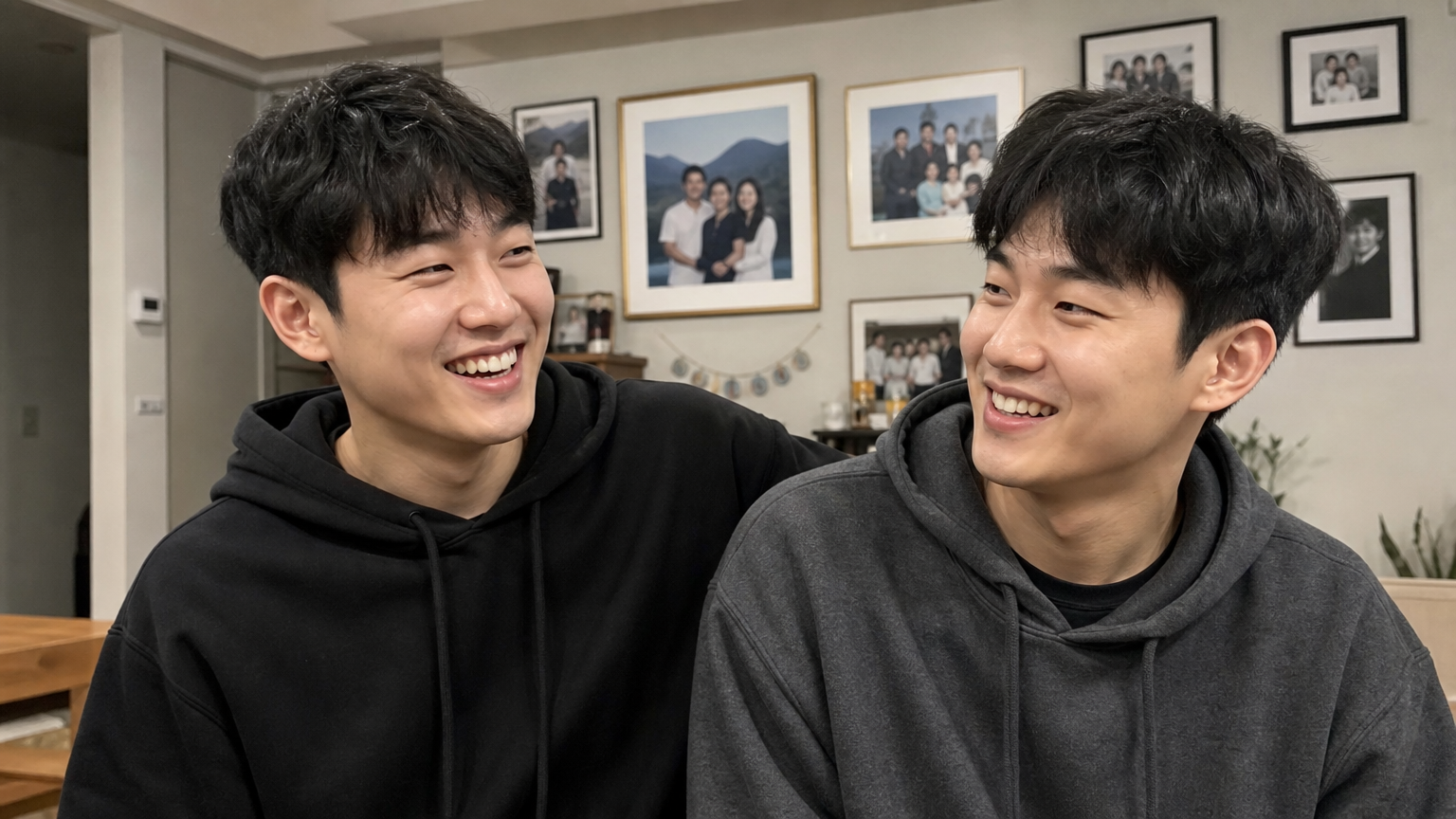 집에서 즐거운 시간을 보내는 두 명의 비슷하게 생긴 형제 모습